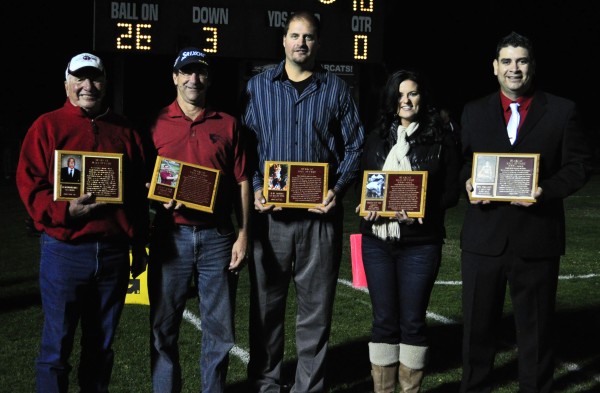 The Paso Robles High School Athletic Hall of Fame committee honored five former student-athletes on Friday night with their induction into the Bearcat Athletic Hall of Fame: Frank “Butch” Padilla (a friend is shown accepting award on Padilla’s behalf), Steve Hahn, Ray Robins, Samantha Scott Wolff and Beni Fernandez are pictured left to right. Photo by Meagan Friberg.