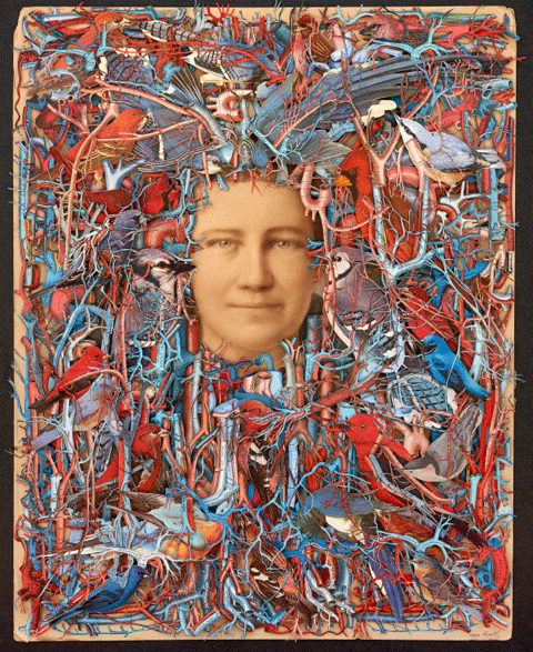 "Temporary Residence" by Hope Kroll is a three-dimensional, hand-cut paper collage that is 20.5 inches by 15.5 inches.