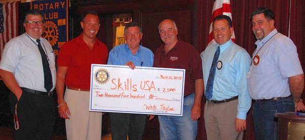 Photo courtesy of Al Garcia: L to R: Paso Robles High School Principal Randy Nelson, Paso Robles Joint Unified School District Superintendent and Rotarian Chris Williams, Rotary Club President Wade Taylor, PRHS SkillsUSA Coordinator Randy Canaday, San Luis Obispo County Schools Superintendent and Rotarian Jim Brescia, and PRJUSD School Board member and Rotarian Chris Bausch.
