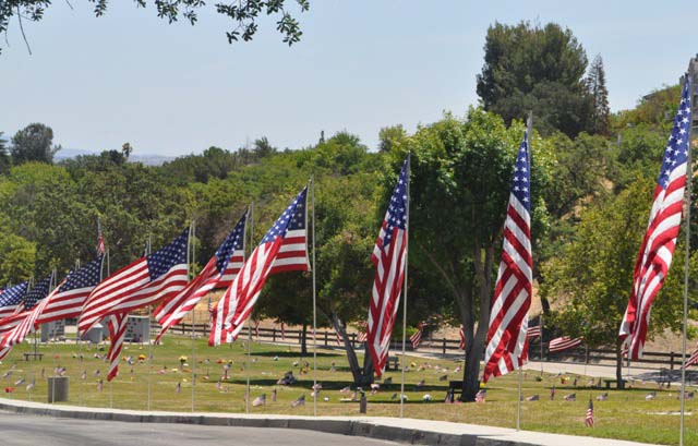 Flags lining the Avenue of the Flags along the Paso Robles Union Cemetery roadways led visitors to the annual Memorial Day ceremony to pay tribute to service members who died serving our country. The flags had once decorated caskets of their fallen soldiers had been donated to the cemetery by family members. Photo by Meagan Friberg