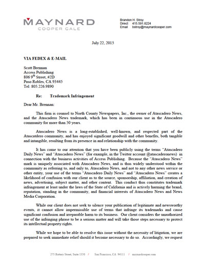 Letter threatening lawsuit from News Media Corp.