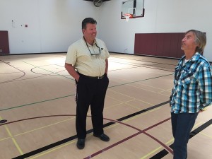 PRHS Principal Randy Nelson and District Construction Manager Joe Iffert talk in the new gym training facility that will be open before the 2015-16 school year. Photo by Paula McCambridge