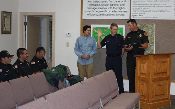 On Tuesday, the Templeton Community Service District Fire Department Engineer Tony Broom was sworn in by Interim Fire Chief Bill White as Templeton Fire Department’s newest captain. Broom was pinned by his son, Cade Broom.