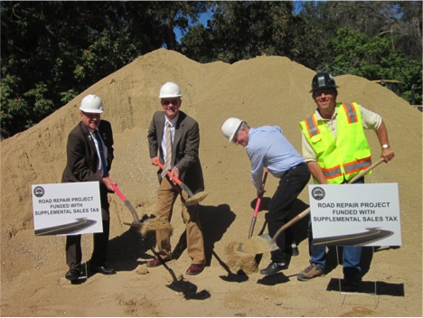 City Council members celebrate the groundbreaking. From left, Fred Strong, Mayor Steve Martin, Steve Gregory, John Hamon.