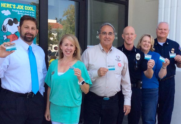 Regional librarian Joe Laurenzi, Mayor Pro Tem Moreno, Mayor Tom O’Malley, Police Chief Jerel Haley, Council Member Roberta Fonzi, Fire Chief Kurt Stone. Courtesy photo.