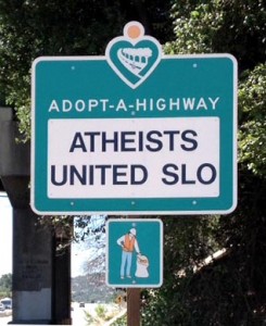 The Atheists United sign before it was defaced.