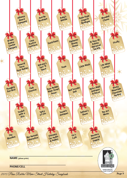 The bingo page can be found in the 2015 Holiday Song Book, available at the Main Street office.