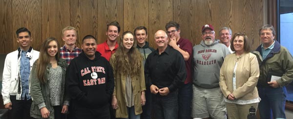 Front Row: (L-R) Youth Commissioners Sofia Moses, Manny Rendon, Cassidy Moses, County Supervisor Frank Mecham and School Board member Joan Summers. Back Row (L-R) Youth commissioner Brian Morales, Samuel Collins (guest), Youth Commissioners Stephen Preston, Ethan Athey, Daniel Callahan, School Board member Dave Lambert, City Councilmen Steve Gregory and John Hamon. Not pictured: Youth Commissioner, Sophia Baer.