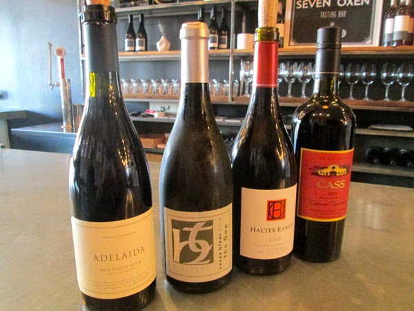 Lineup of wines at the Thomas Hill Organics winemaker dinner.