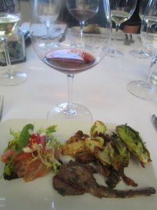 Lamb lollies and smoked salmon on pumpernickel toast served with the 2013 Trinity, Rhone blend.