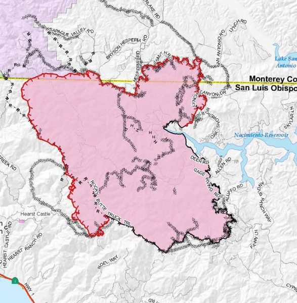 Fire containment as of Thursday afternoon. The x-marks indicate containment lines.