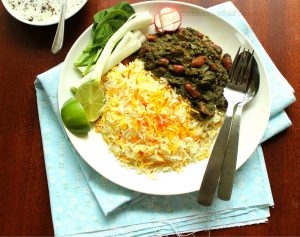 Ghormeh sabzi with saffron rice.