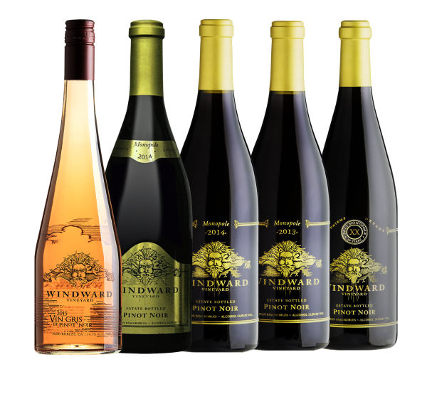 Line up of Windward pinot noir and rosé wine