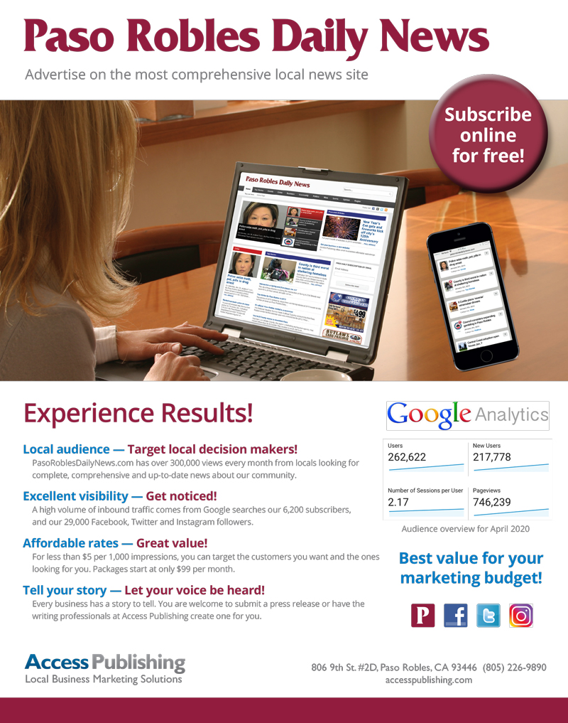 Paso Robles Daily News Advertising rate card flyer