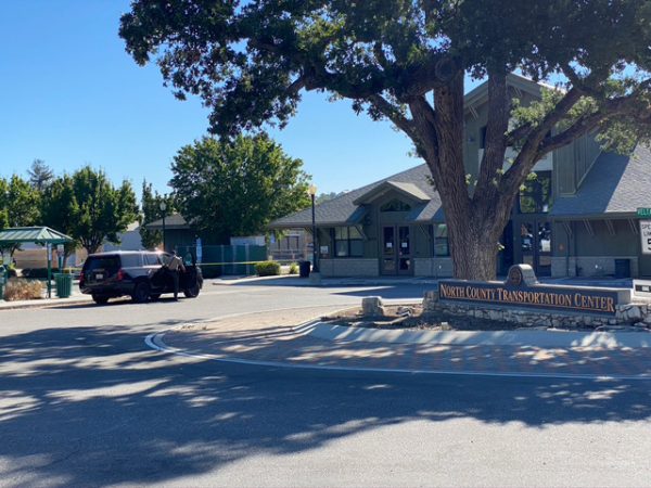 The North County Transportation Center at Pine and 8th streets is cordoned off with yellow police tape Wednesday at 9 a.m.