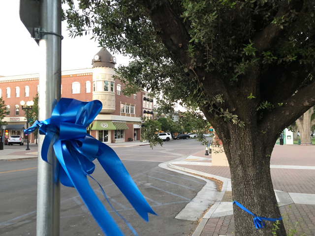 Blue ribbons were placed throughout downtown Paso Robles to honor the police officers shot in last week's manhunt and shootout.