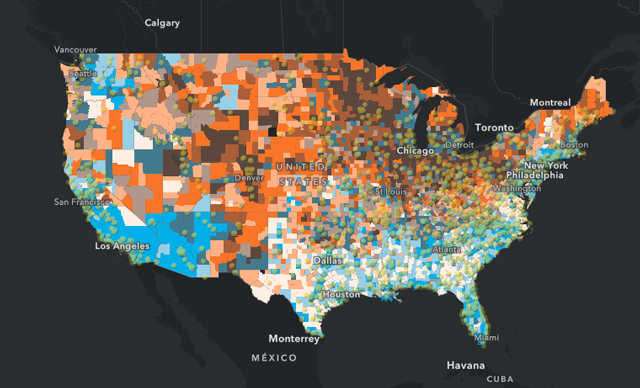 Map of predicted COVID-19 case spread by county