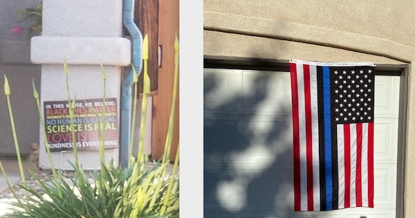 blue line flag and BLM sign