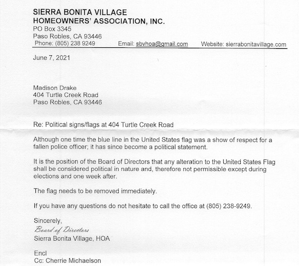 letter sent by HOA
