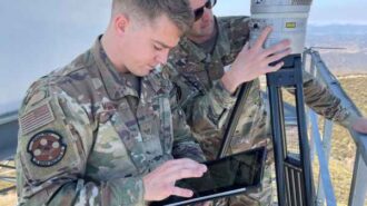 Staff Sgt. Jonathan Courtney, 84th Radar Evaluation Squadron radar site evaluator, evaluating the Air Route Surveillance Radar system version 4, or ARSR-4, long-range radar, Paso Robles, California, Aug. 24, 2021. The 84th Radar Evaluation Squadron at Hill Air Force Base, Utah, monitors, evaluates, optimizes, and integrates fixed and long-range radars for the operational and federal communities, providing data analysis and unique radar forensics to ensure controllers have reliable and accurate sensor information to execute command and control. (U.S. Air Force photographer Deb Henley)
