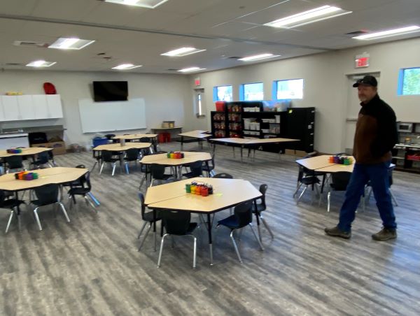 Bourgault in kindergarten classroom