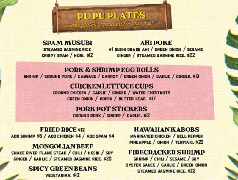 Cane Tiki Menu of food