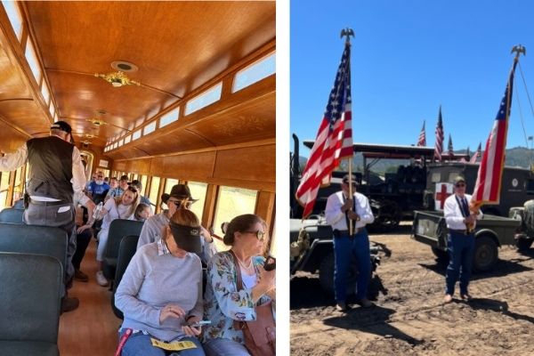 Train interior and flag bearers
