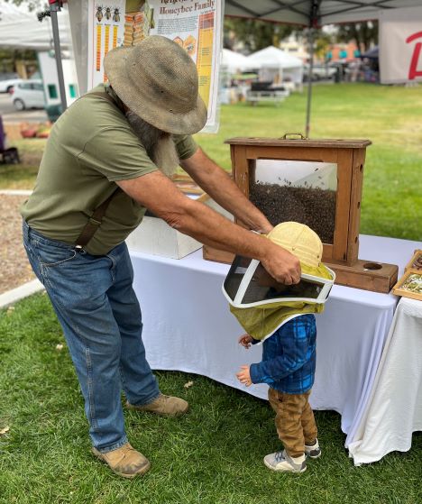 Beekeeper Roger Plata demonstrated an observation bee hive.