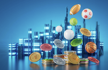 sport object design on blue background. gold winner cup and gold coin. sports ball concept design. 3d illustration. casino bet backdrop. football tennis volleyball golf symbols. game live online show 11870094 Stock Photo at Vecteezy sport object design