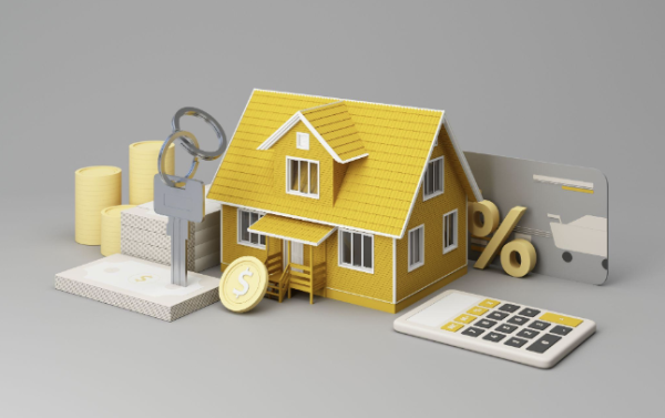 Real estate property investment or insurance. home mortgage loan rate. Saving money for retirement Coins stack on banknotes with a yellow house model, a home key, and a cartoon hand. 3d rendering 7928896 Stock Photo at Vecteezy