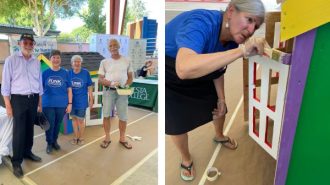 Photos: Monica Schechter paints trim on a Habitat for Humanity Playhouse at the Mid-State Fair. Sen. John Laird, Susan Funk, Monica Schechter and Stan Schechter stand in front of the completed playhouse.