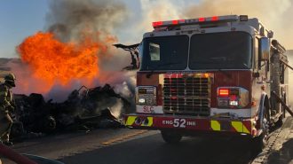 Vehicle fire ignites nearby vegetation in Shandon