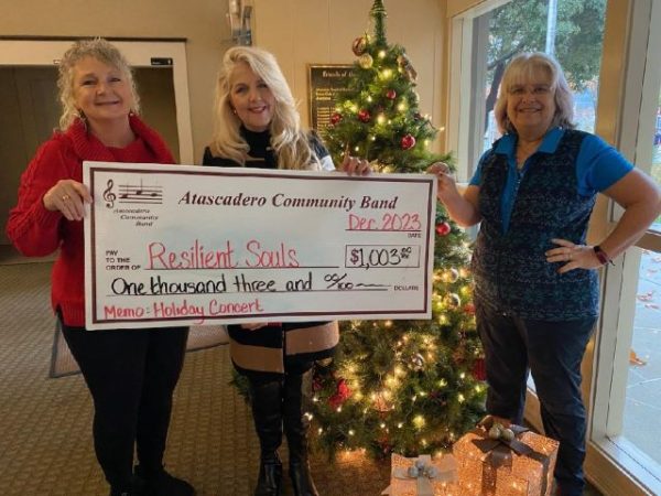 Photo attached - caption:Lisa Majors, Founder, President, Chaplain and Life Coach, and Melodie Jordan, Community Chaplain and Mending the Soul Facilitator of Resilient Souls gratefully accept the heartfelt donation of $1,003 from Joyce Rabellino, President of the Atascadero Community Band. This donation is possible as a result of the generosity by the incredible audience at the 2023 Holiday concert.