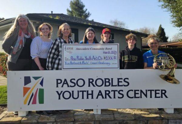 Photo caption: From left, Barby Wunsch, Executive Director of PRYAC, Natalie Cole, Development and Communications Coordinator, PRYAC, and Pat Bland, President of the Board of PRYAC, gratefully accept the donation from Atascadero Community Band members Beth Bean (Vice President of the band Board, trumpet), Jake Minnis (trumpet), Brennan Anderson (trombone) and Kata Linfield (French horn).