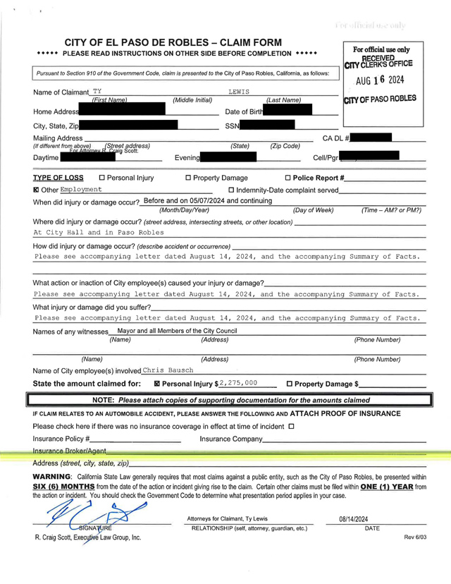 Full text of Paso Robles city manager Ty Lewis complaint against City Councilman Chris Bausch