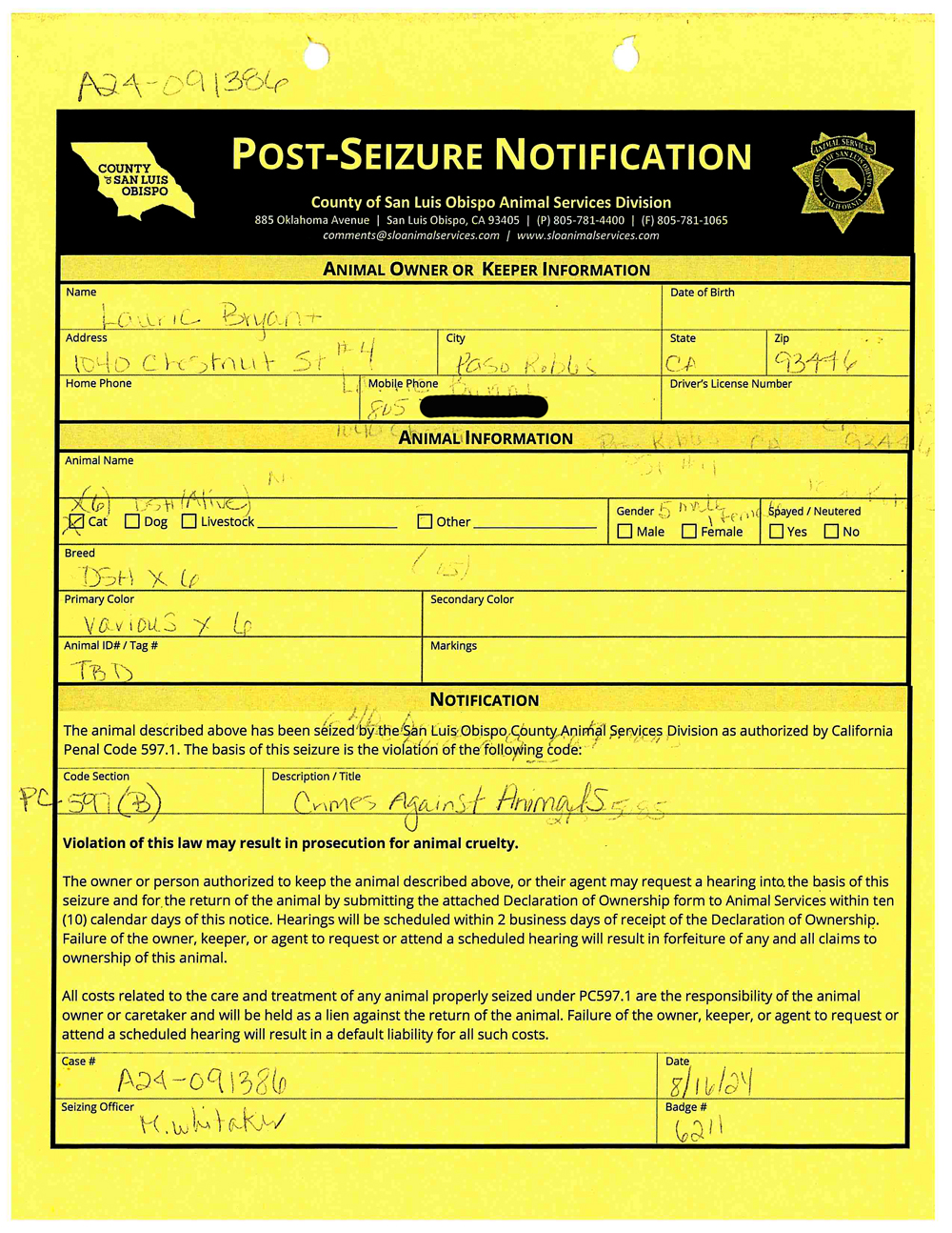 40 dead cats found in paso robles apartment - official notice