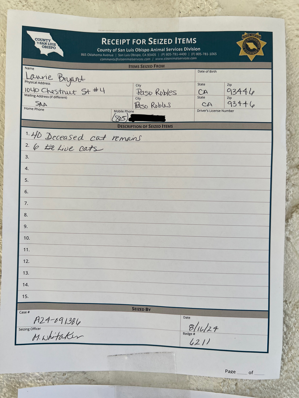 SLO County records on dead cats