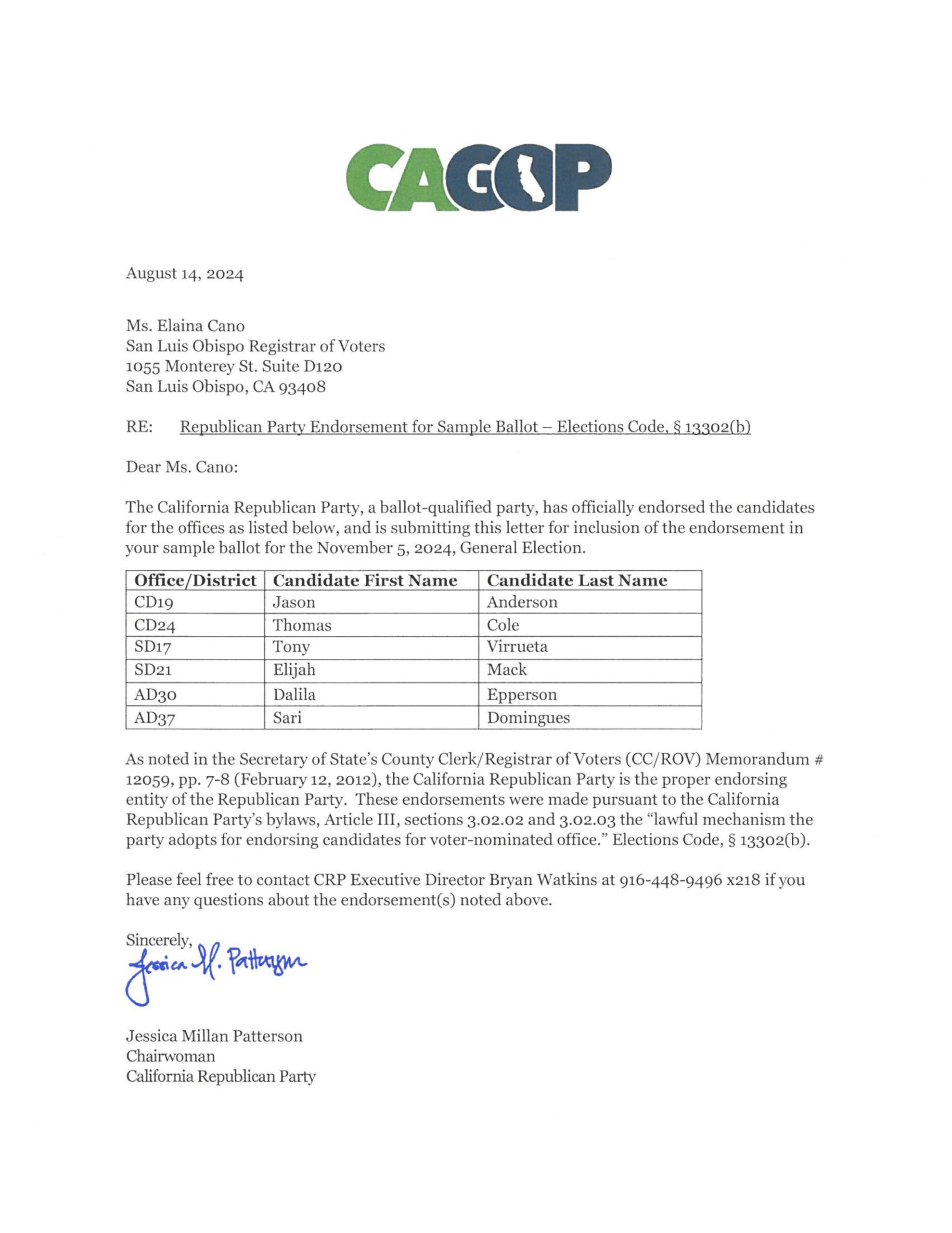 Republican endorsements sent by the California GOP to SLO County elections office.