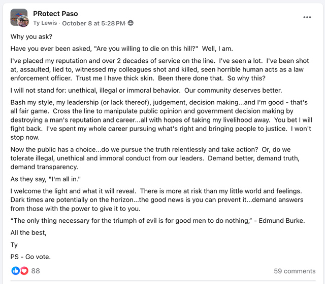 Ty Lewis defends his actions in an Oct. 8 social media post.