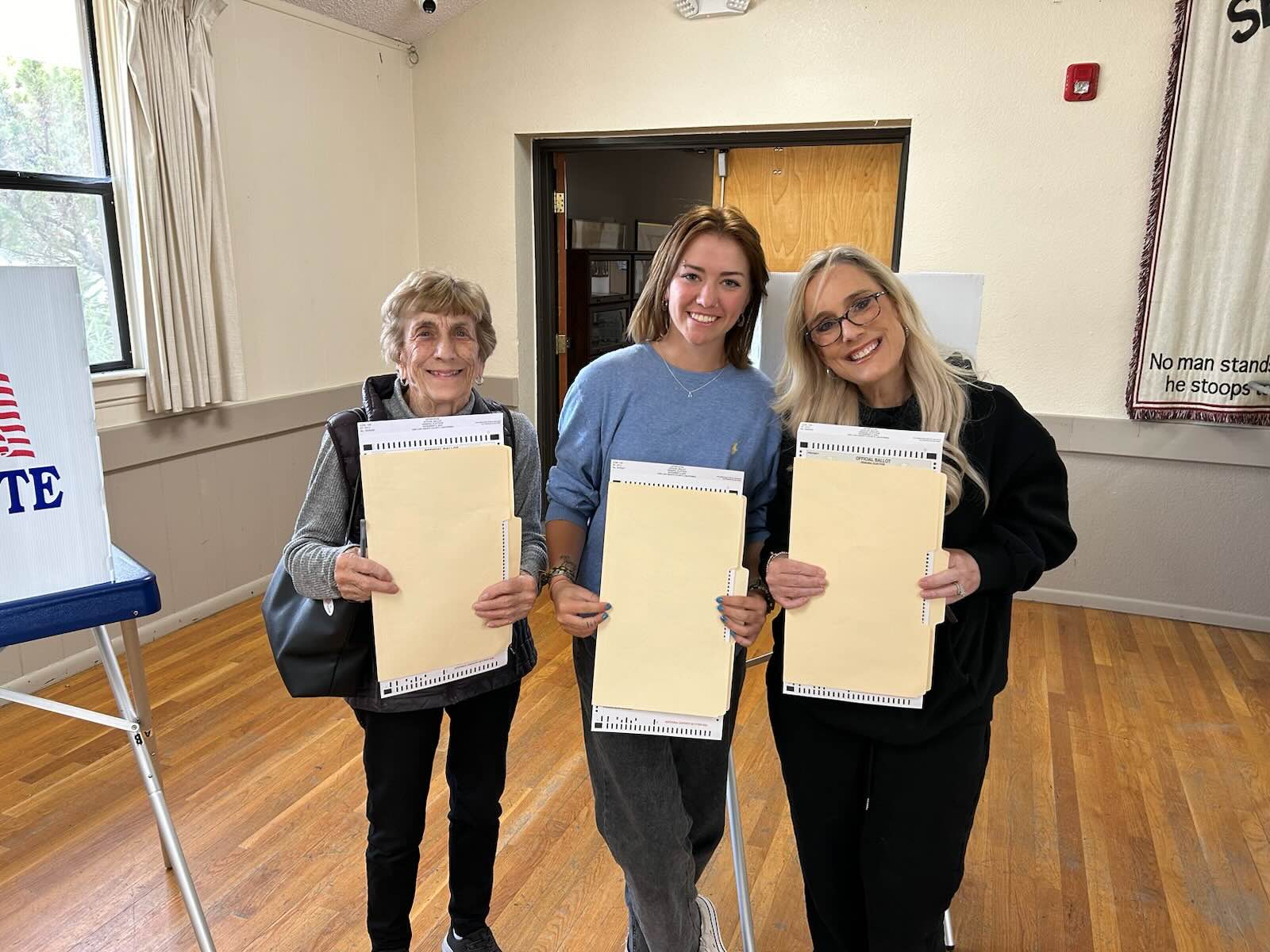 Three generations of Paso Robles women cast their ballots together on Election Day. Kathy Finefrock, at left, with granddaughter Abigail Haller, and daughter Kristin Finefrock at the Cypress Mountain Masonic Lodge on Sherwood Road in Paso Robles. It was Abigail’s first time to vote.