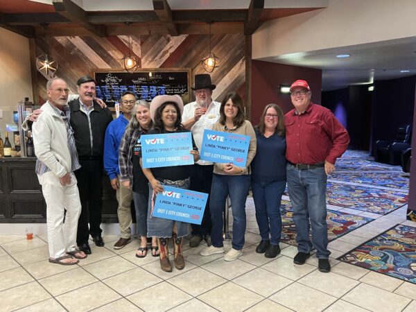 John Roush, Rod Smiley, Jaime Ramos, Bev Ramos, Linda George, David Nelson, Janice Awalt, Sarah Barnes, and Coy Barnes. The group gathered with about 15 supporters at Park Cinemas for a privately sponsored election watch party. Photo submitted by Gary Lehrer.