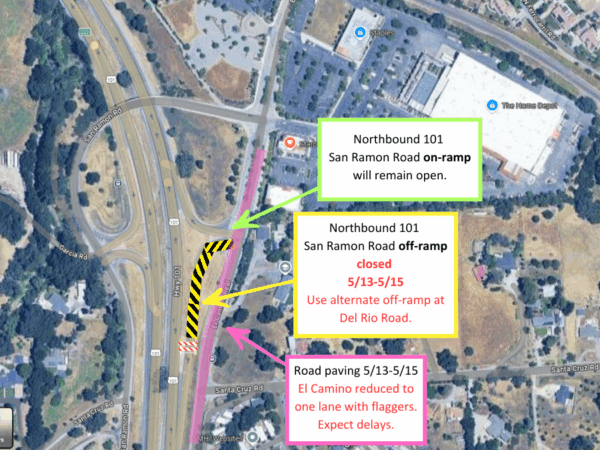 Road work to block northbound Highway 101 exit at San Ramon in Atascadero