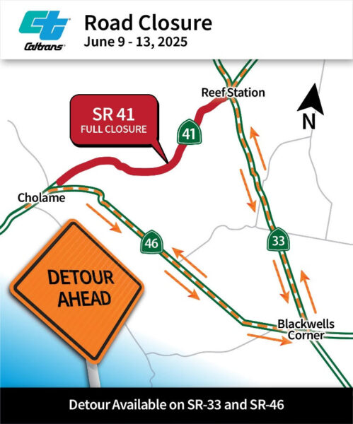 Five day closure of State Route 41 north of Cholame begins June 9