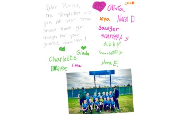 A thank you card for Solarponics sponsorship of Templeton U10 girls soccer team.