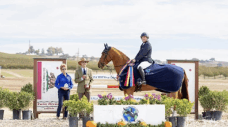 O’Malley Van Het Pannehof Z and Nick Cwick win the 2025 USEA YEH West Coast 5-Year-Old Championship.