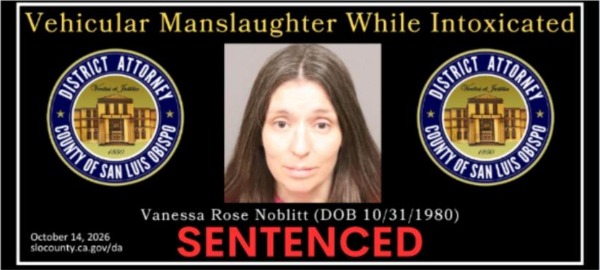 District Attorney graphic showing Vanessa Rose Noblitt sentenced for vehicular manslaughter while intoxicated